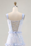 Blue Floral Chiffon Corset Long Wedding Guest Dress with Ruffles