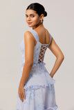 Blue Corset Floral Chiffon Long Wedding Guest Dress with Ruffles