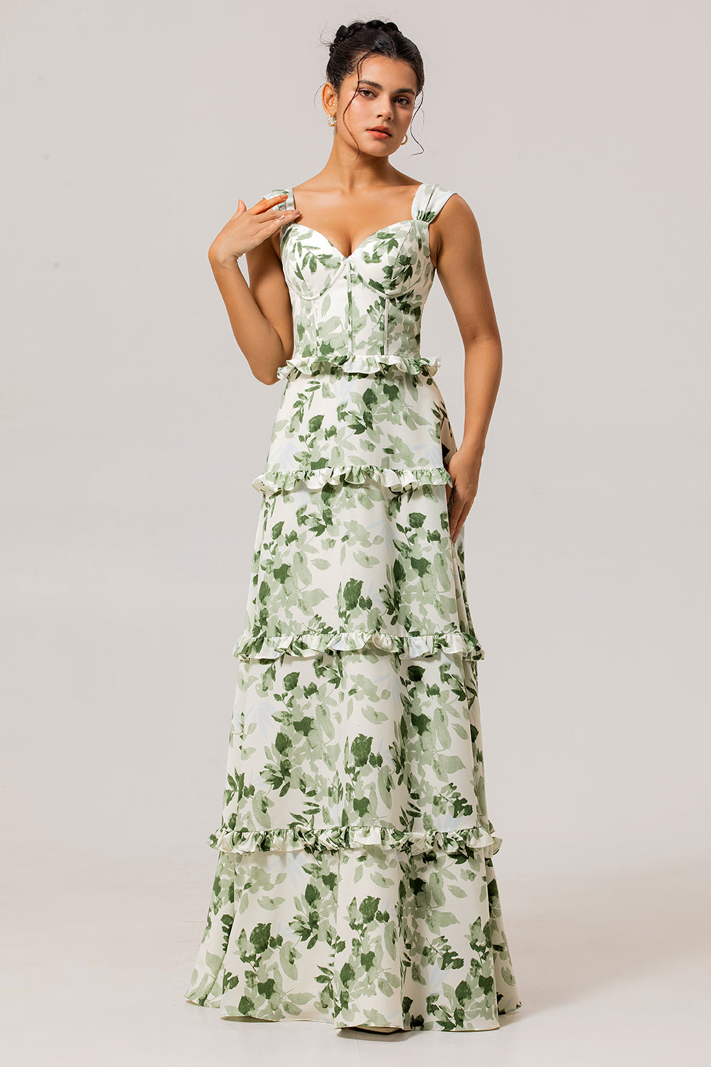 Green Floral Corset Satin Long Wedding Guest Dress with Ruffles