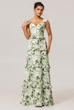 Green Floral Corset Satin Long Wedding Guest Dress with Ruffles