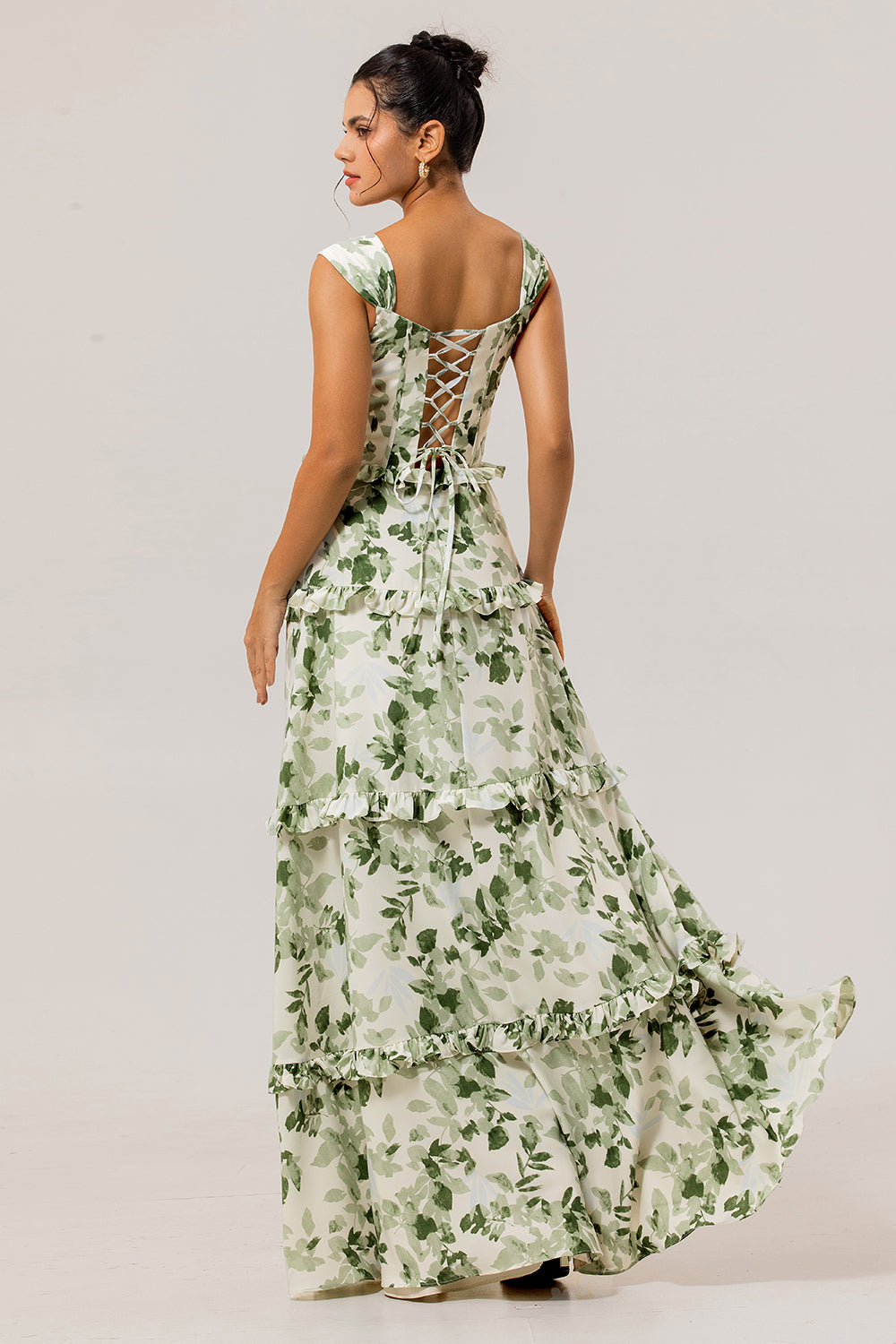 Green Floral Corset Satin Long Wedding Guest Dress with Ruffles