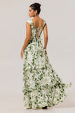 Green Floral Corset Satin Long Wedding Guest Dress with Ruffles