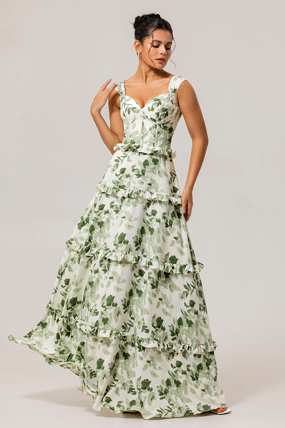 Green Floral A Line Corset Long Wedding Guest Dress with Ruffles