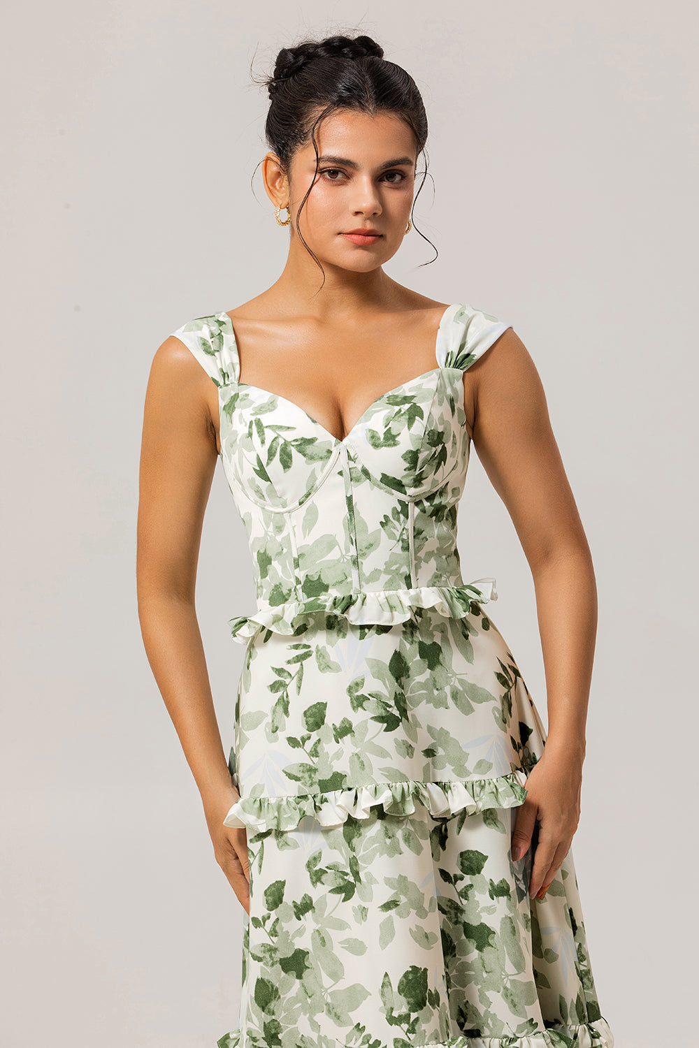 Green Floral A Line Corset Long Wedding Guest Dress with Ruffles