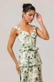 Green Floral A Line Corset Long Wedding Guest Dress with Ruffles