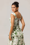 Green Floral A Line Corset Long Wedding Guest Dress with Ruffles