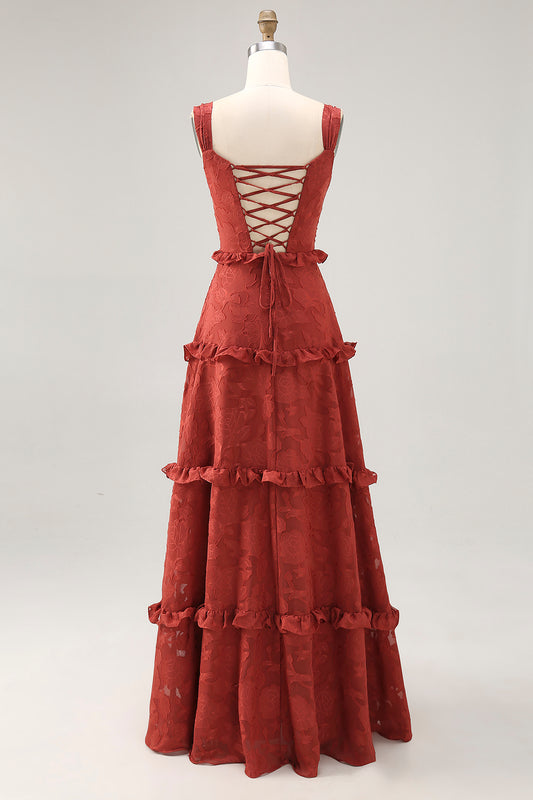 Terracotta Lace Corset Long Wedding Guest Dress with Ruffles