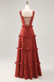 Terracotta Lace Corset Long Wedding Guest Dress with Ruffles