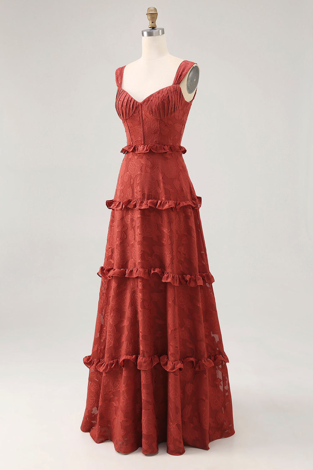 Terracotta Lace Corset Long Wedding Guest Dress with Ruffles