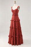 Terracotta Lace Corset Long Wedding Guest Dress with Ruffles