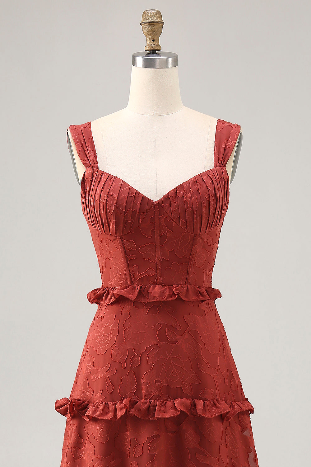 Terracotta Lace Corset Long Wedding Guest Dress with Ruffles