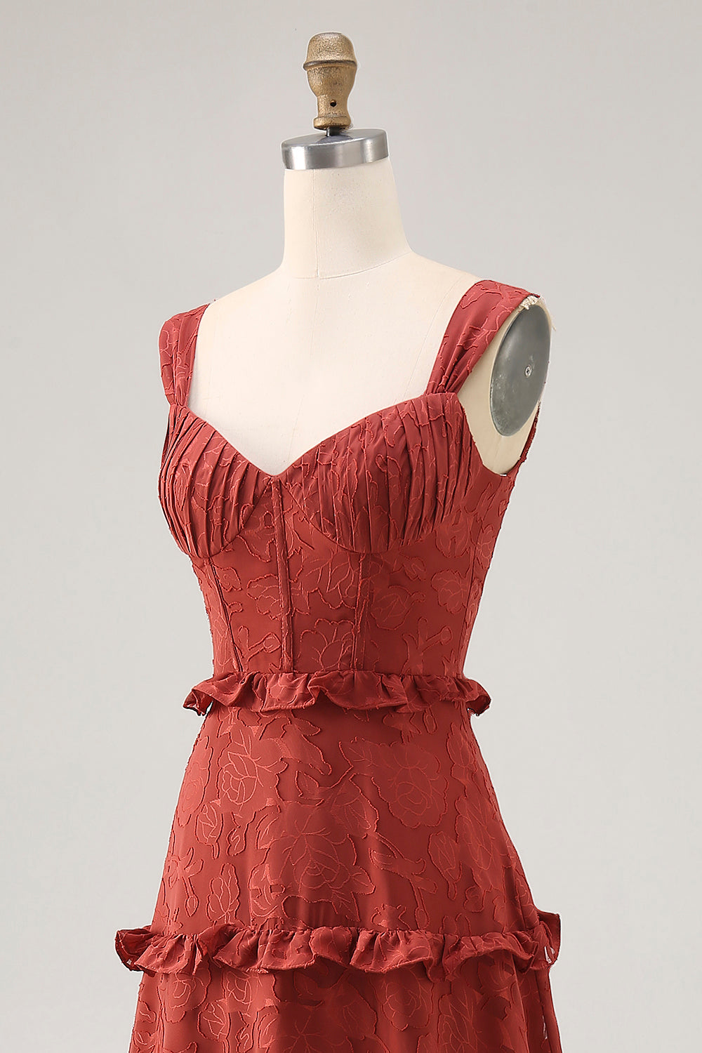 Terracotta Lace Corset Long Wedding Guest Dress with Ruffles