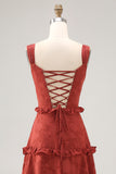 Terracotta Lace Corset Long Wedding Guest Dress with Ruffles