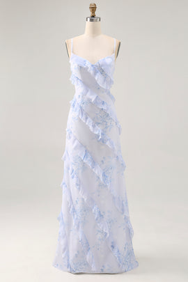 Blue Floral Chiffon Spaghetti Straps Long Wedding Guest Dress with Ruffles