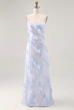 Blue Floral Spaghetti Straps Chiffon Long Wedding Guest Dress with Ruffles