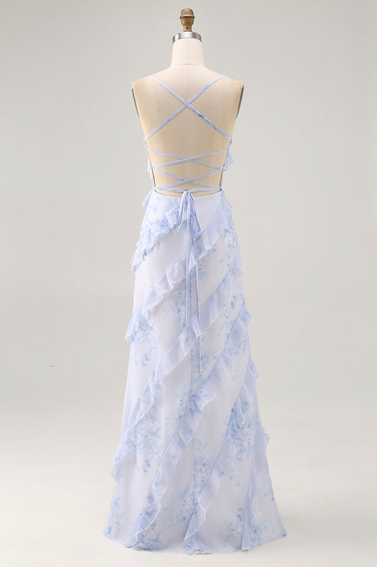 Blue Floral Chiffon Spaghetti Straps Long Wedding Guest Dress with Ruffles