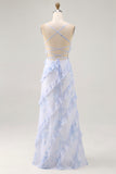 Blue Floral Spaghetti Straps Chiffon Long Wedding Guest Dress with Ruffles