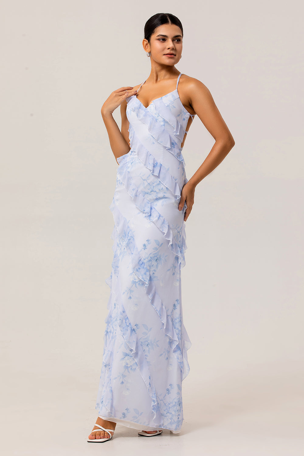 Blue Floral Spaghetti Straps Chiffon Long Wedding Guest Dress with Ruffles