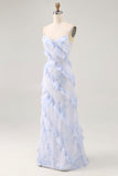 Blue Floral Chiffon Spaghetti Straps Long Wedding Guest Dress with Ruffles