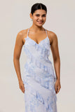 Blue Floral Spaghetti Straps Chiffon Long Wedding Guest Dress with Ruffles