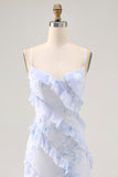 Blue Floral Chiffon Spaghetti Straps Long Wedding Guest Dress with Ruffles