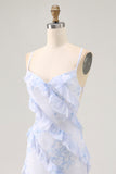 Blue Floral Chiffon Spaghetti Straps Long Wedding Guest Dress with Ruffles