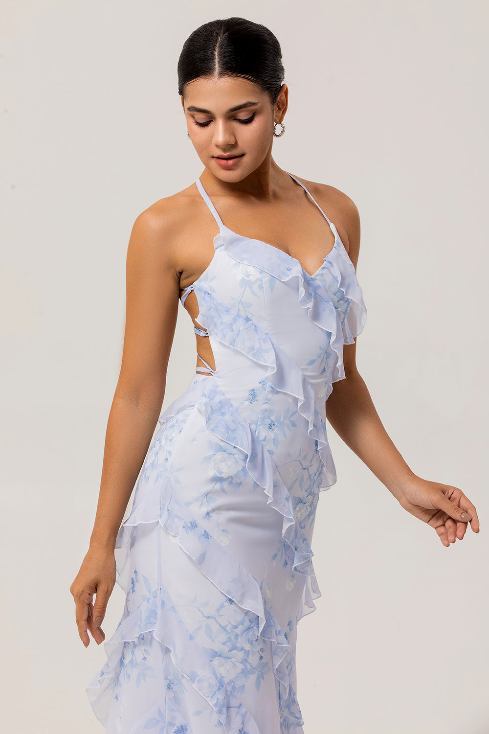 Blue Floral Spaghetti Straps Chiffon Long Wedding Guest Dress with Ruffles