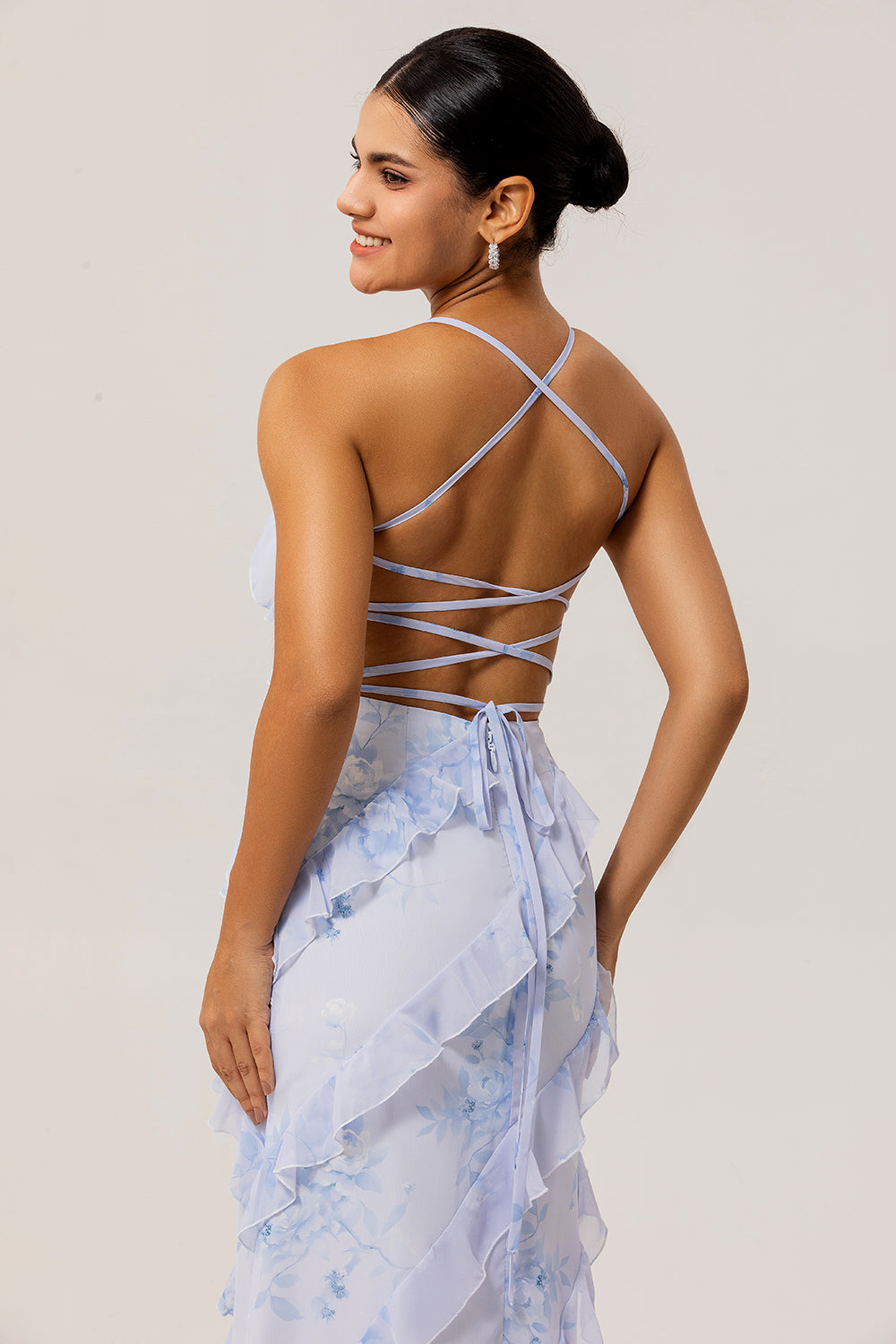 Blue Floral Spaghetti Straps Chiffon Long Wedding Guest Dress with Ruffles