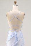 Blue Floral Chiffon Spaghetti Straps Long Wedding Guest Dress with Ruffles