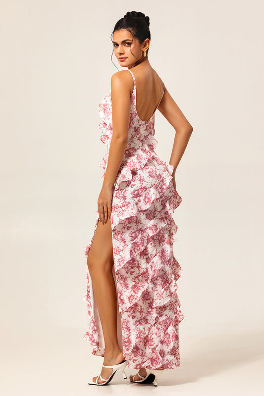 Blush Ruffled Flower Sheath Long Wedding Guest Dress with Slit