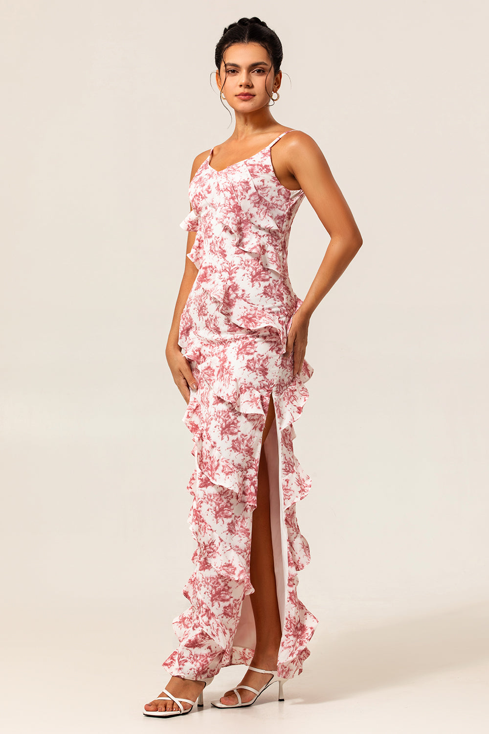 Blush Ruffled Flower Sheath Long Wedding Guest Dress with Slit
