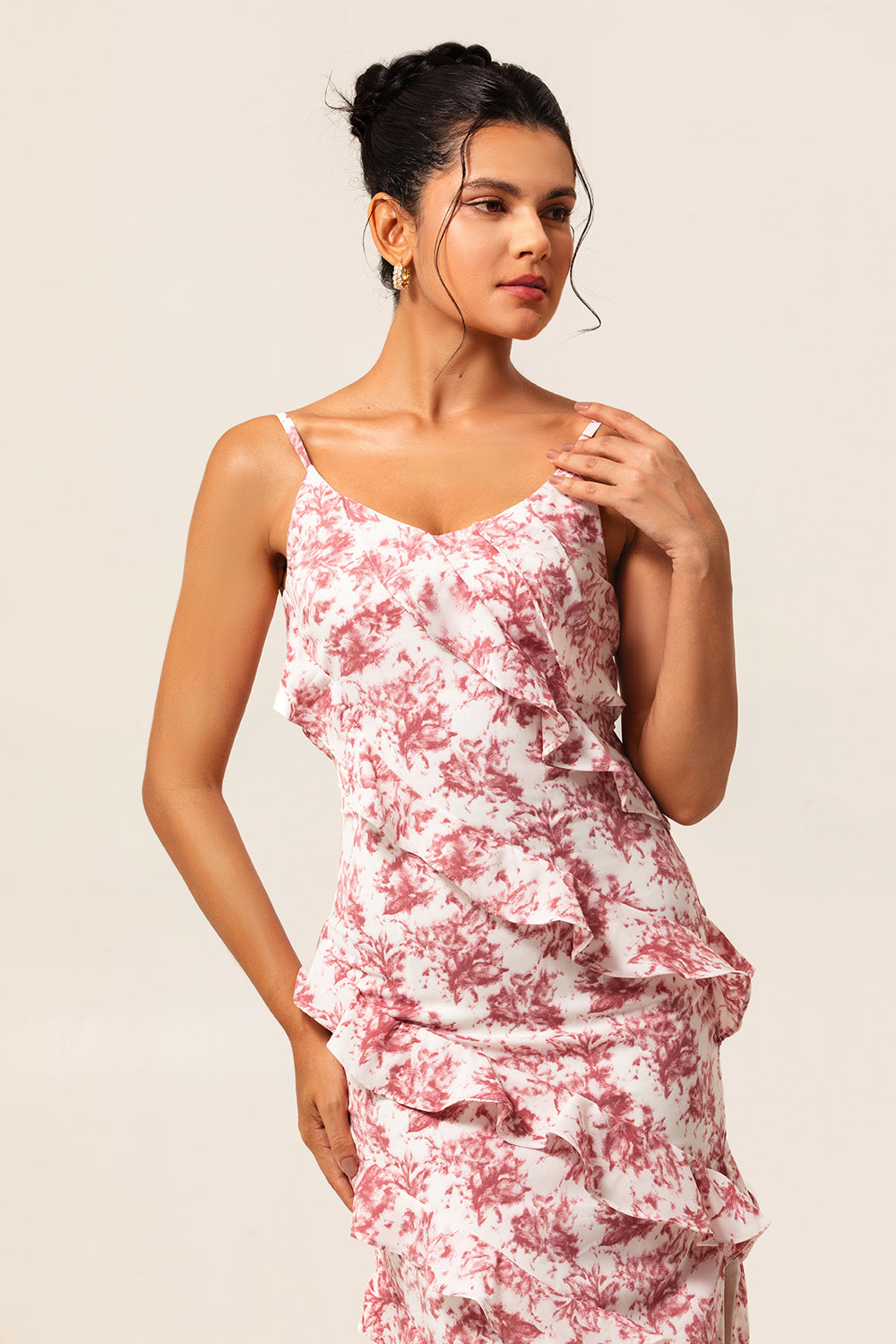 Blush Ruffled Flower Sheath Long Wedding Guest Dress with Slit