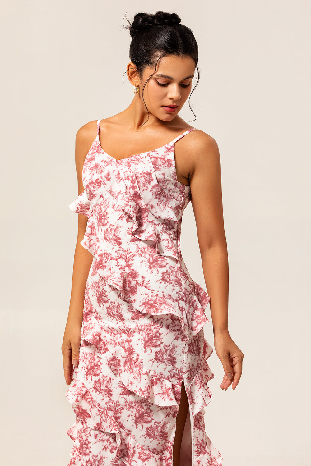 Blush Ruffled Flower Sheath Long Wedding Guest Dress with Slit