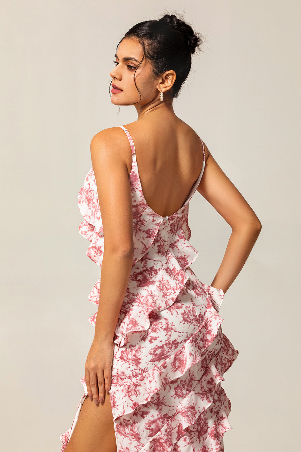 Blush Ruffled Flower Sheath Long Wedding Guest Dress with Slit