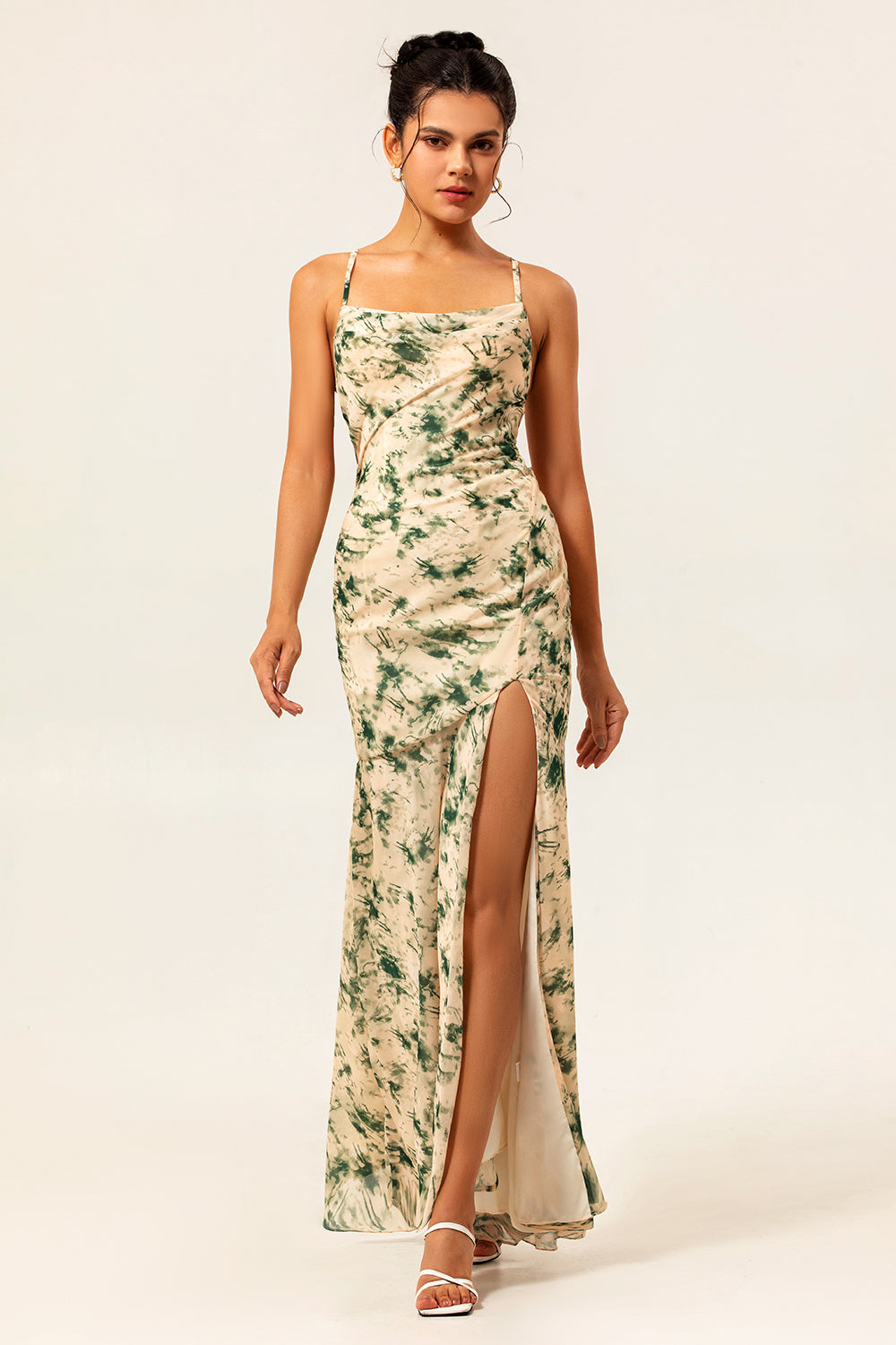 Champagne Mermaid Floral Ruched Long Wedding Guest Dress with Slit