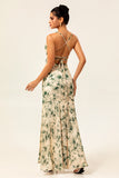 Champagne Mermaid Floral Ruched Long Wedding Guest Dress with Slit