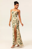 Champagne Floral Mermaid Long Ruched Wedding Guest Dress with Slit