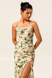 Champagne Floral Mermaid Long Ruched Wedding Guest Dress with Slit