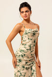 Champagne Floral Mermaid Long Ruched Wedding Guest Dress with Slit