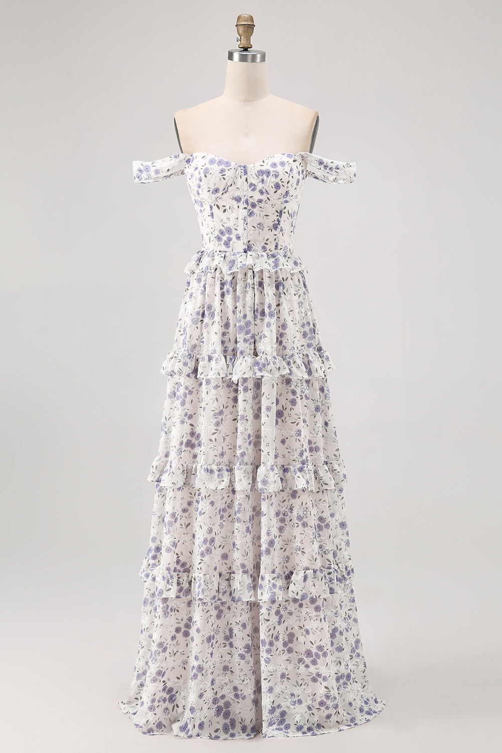 Purple Floral Off the Shoulder Chiffon A-Line Corset Long Wedding Guest Dress