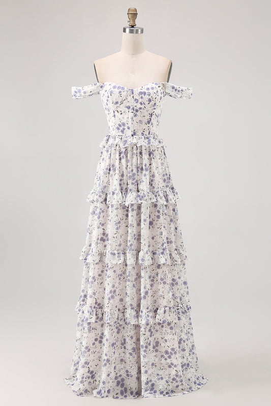 Purple Floral Off the Shoulder Chiffon A-Line Corset Long Wedding Guest Dress