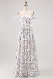 Purple Floral Off the Shoulder Chiffon A-Line Corset Long Wedding Guest Dress