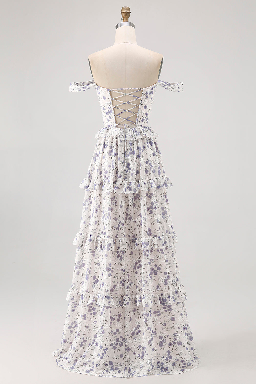 Purple Floral Off the Shoulder Chiffon A-Line Corset Long Wedding Guest Dress