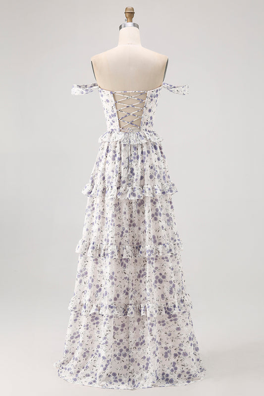 Purple Floral Off the Shoulder Chiffon A-Line Corset Long Wedding Guest Dress
