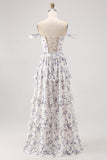 Purple Floral Off the Shoulder Chiffon A-Line Corset Long Wedding Guest Dress