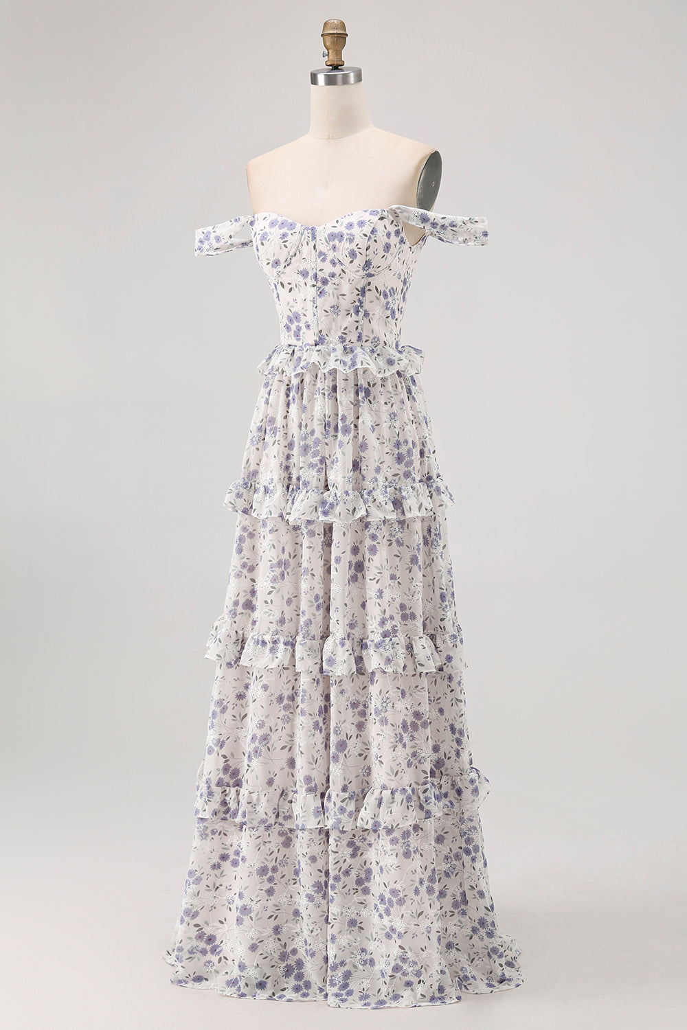 Purple Floral Off the Shoulder Chiffon A-Line Corset Long Wedding Guest Dress