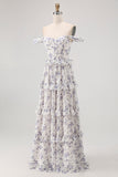 Purple Floral Off the Shoulder Chiffon A-Line Corset Long Wedding Guest Dress