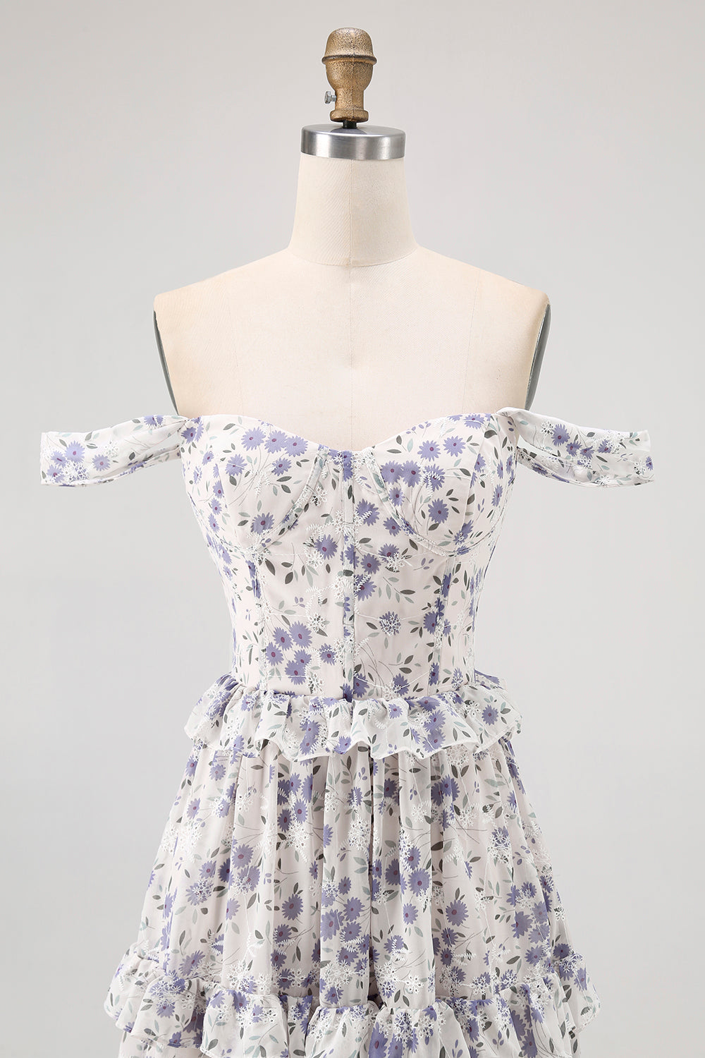 Purple Floral Off the Shoulder Chiffon A-Line Corset Long Wedding Guest Dress
