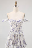 Purple Floral Off the Shoulder Chiffon A-Line Corset Long Wedding Guest Dress