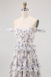 Purple Floral Off the Shoulder Chiffon A-Line Corset Long Wedding Guest Dress